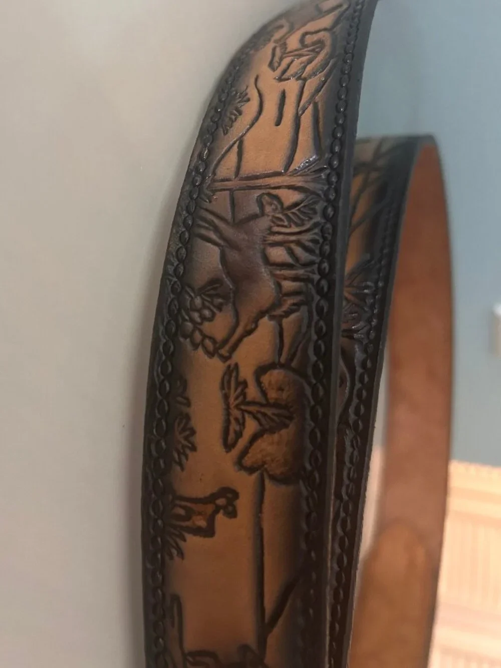 Vintage Woodland Deer Scene Belt Brown Rustic Nature Cottagecore Embossed 1.5